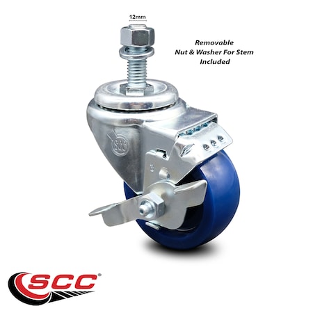 Service Caster 3 Inch Solid Polyurethane Wheel Swivel 12mm Threaded Stem Caster with Brake SCC-TS20S314-SPUS-TLB-M1215